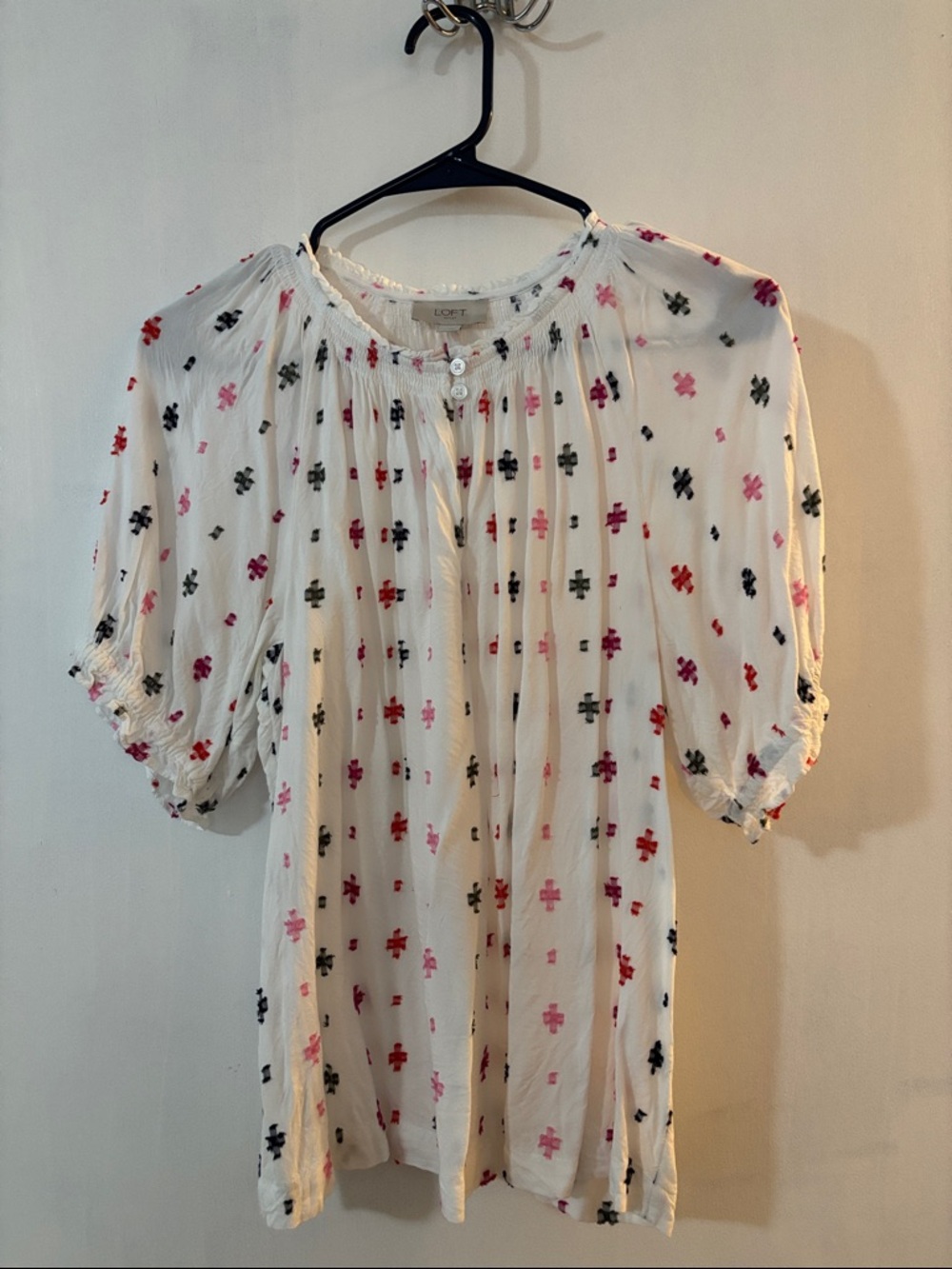 LOFT White Blouse with Pink, Red & Black Cross Motif